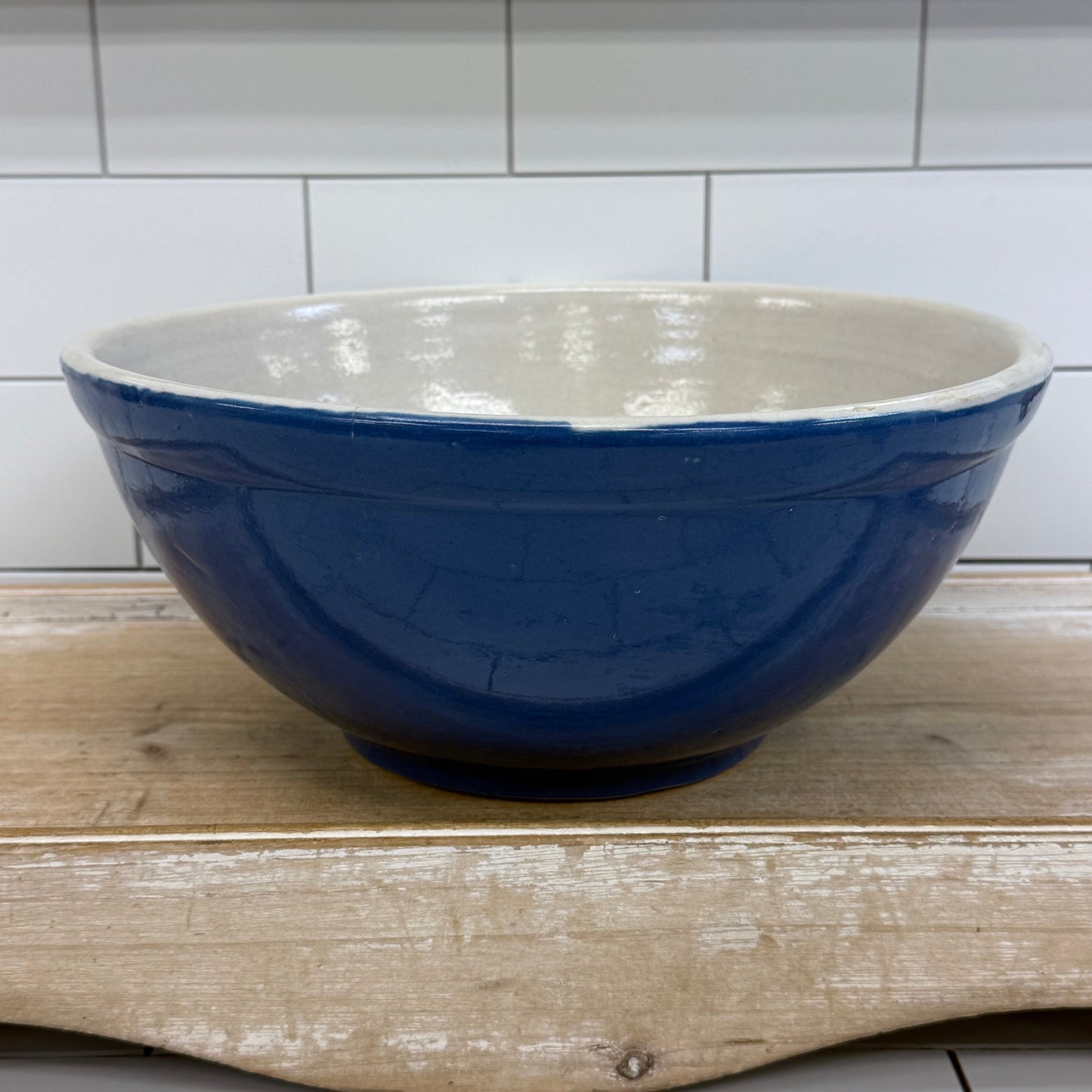 Blue White Stoneware Farmhouse Mixing Bowl 1950s