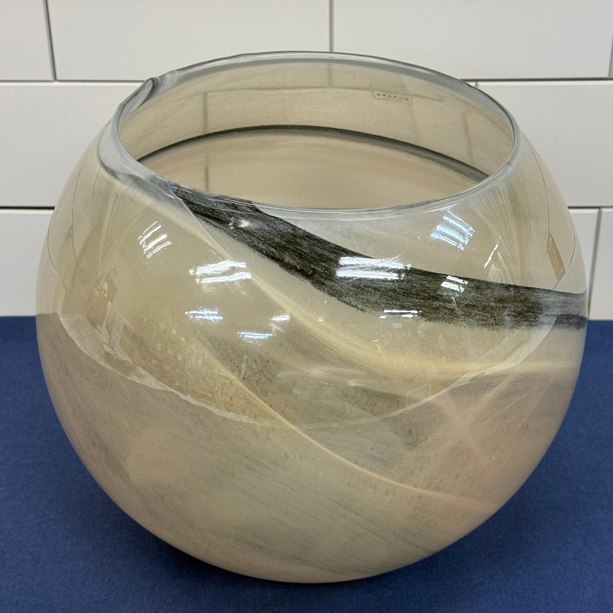 Italian Murano Art Glass Bowl Black White Ribbon