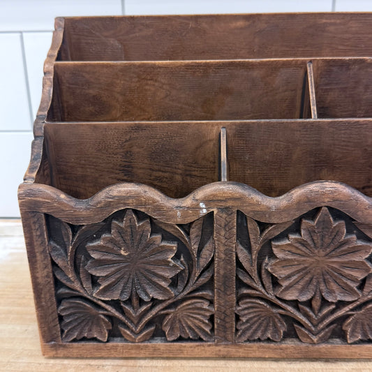 Vintage Lerner Carved Wood Floral Letter Mail Desk Organizer