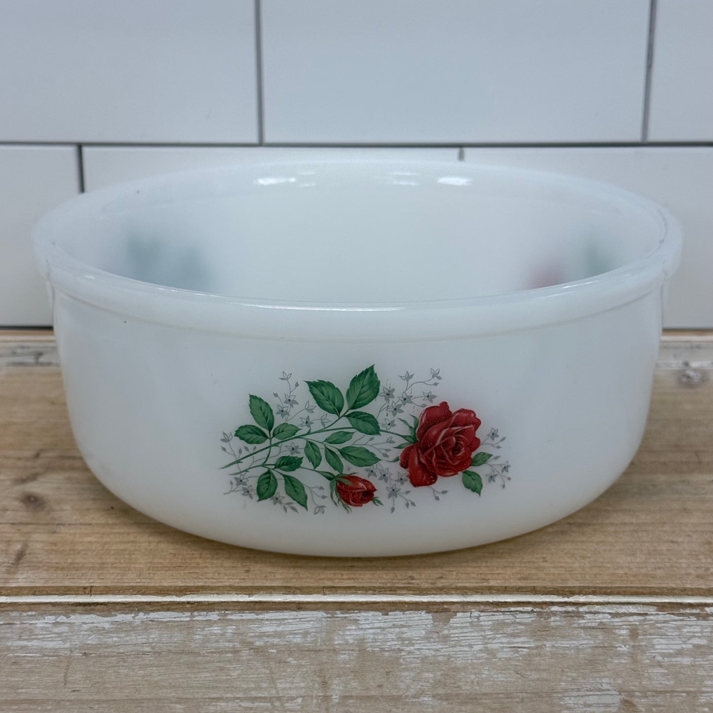Arcopal France Rose Floral Milk Glass Serving Bowl 1970s