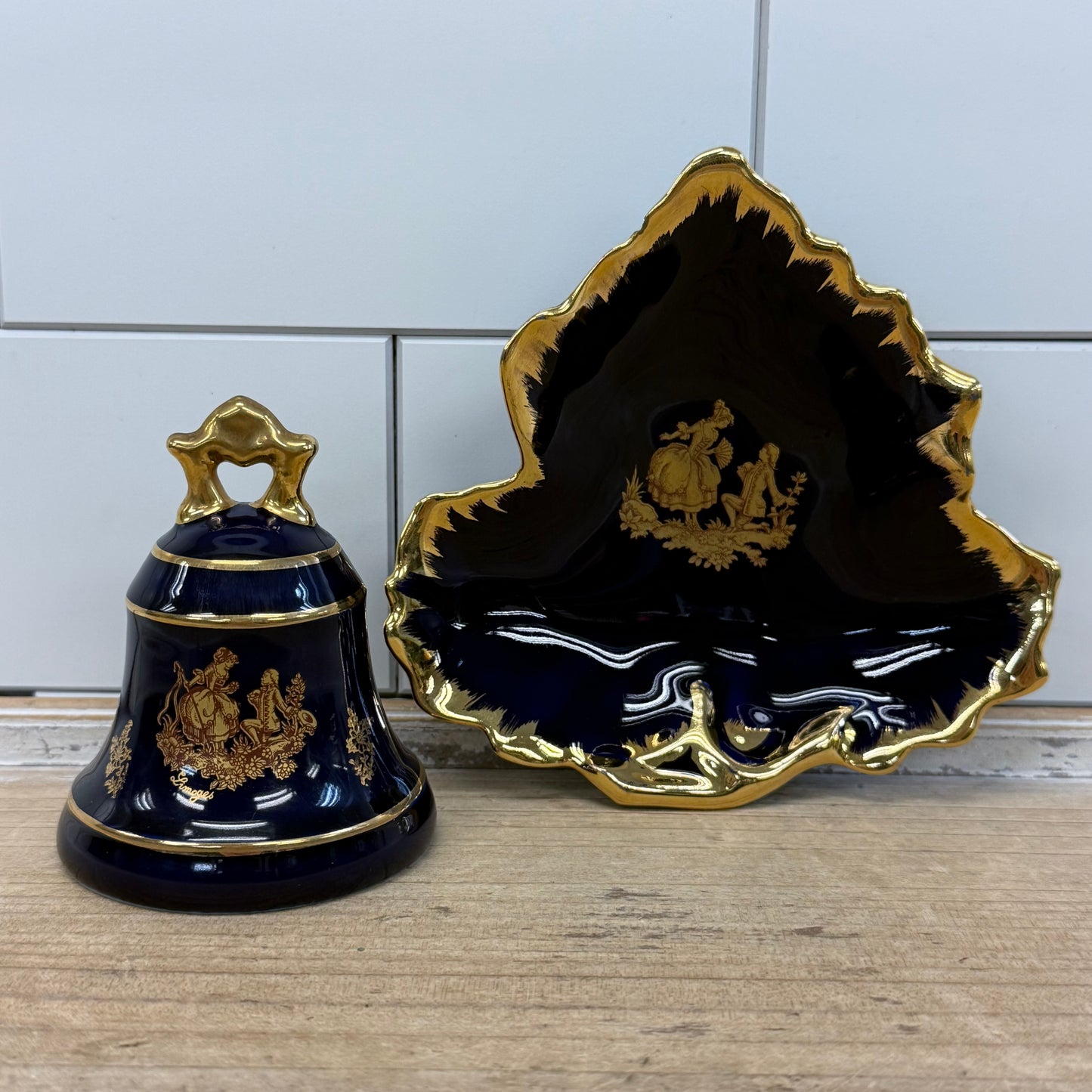 Limoges Castel France Cobalt Blue Porcelain Bell & Dish Set