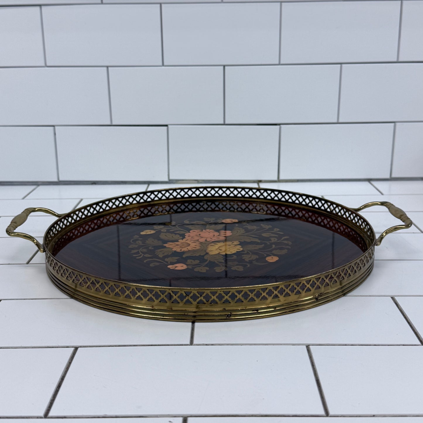 Floral Marquetry Wood Serving Tray with Brass Handles