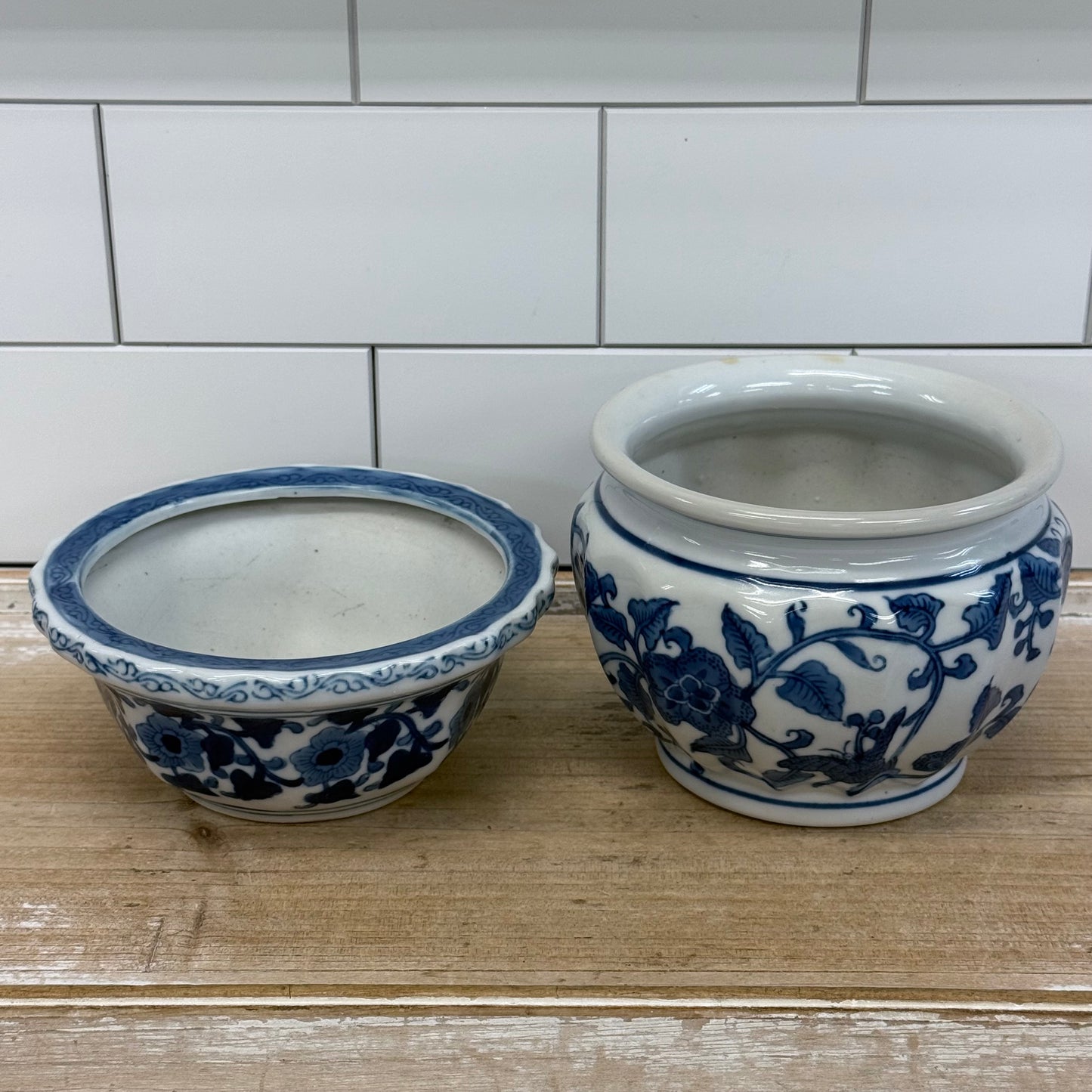 Blue White Floral Ceramic Planters Cachepots Set of 2