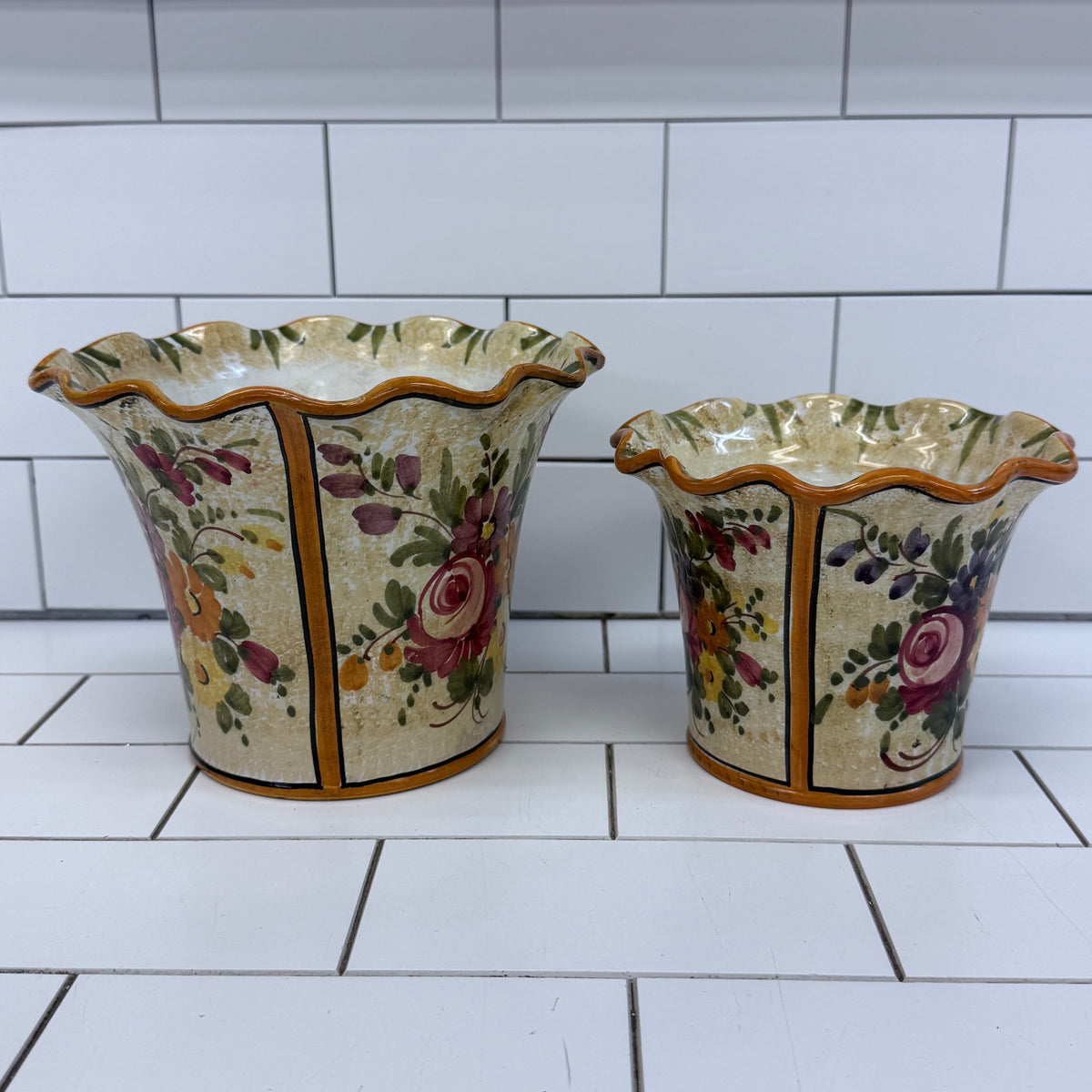 Italian Hand Painted Floral Ceramic Planters Set of 2