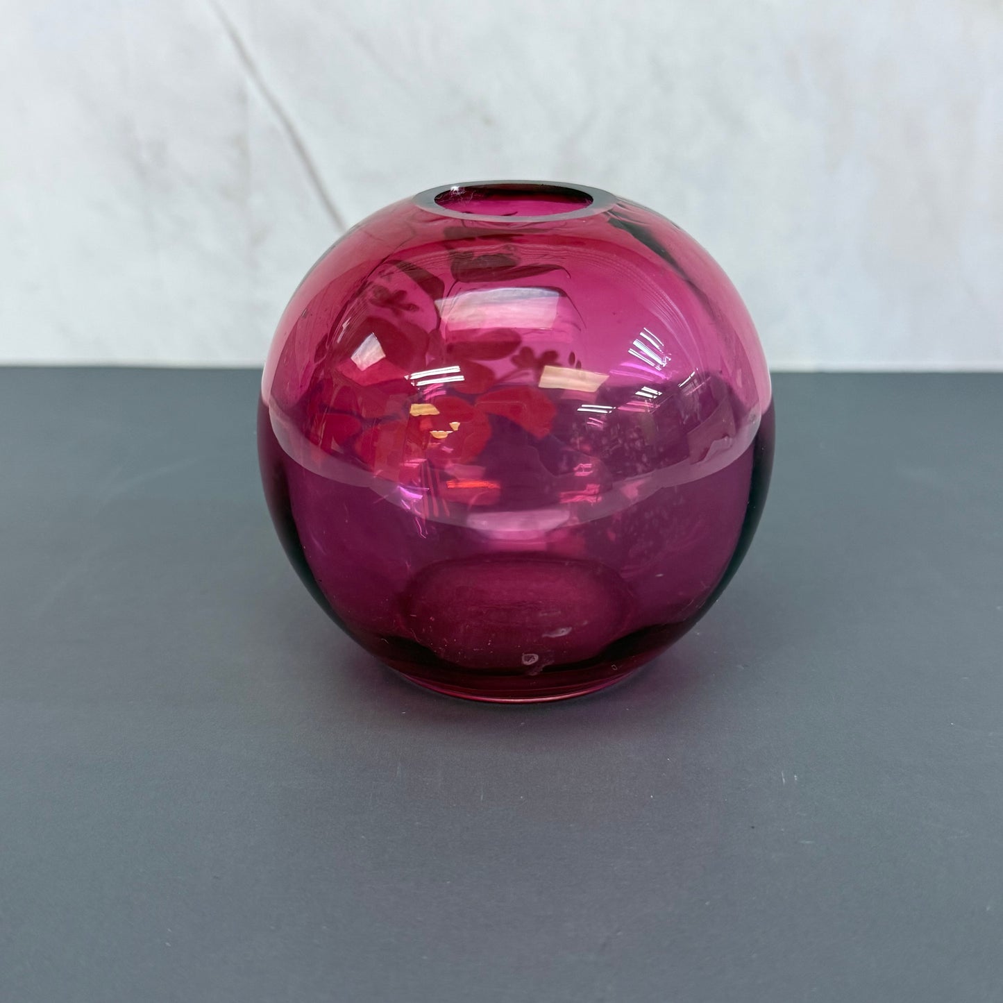 Hand Painted Floral Cranberry Glass Ball Vase