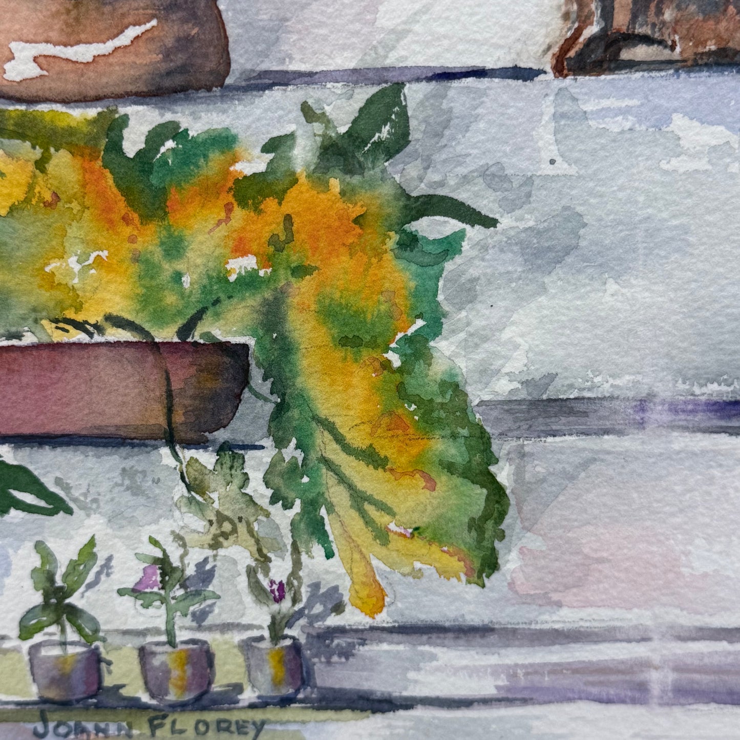 Cat on Steps Original Watercolor Signed Joann Florey Framed Art