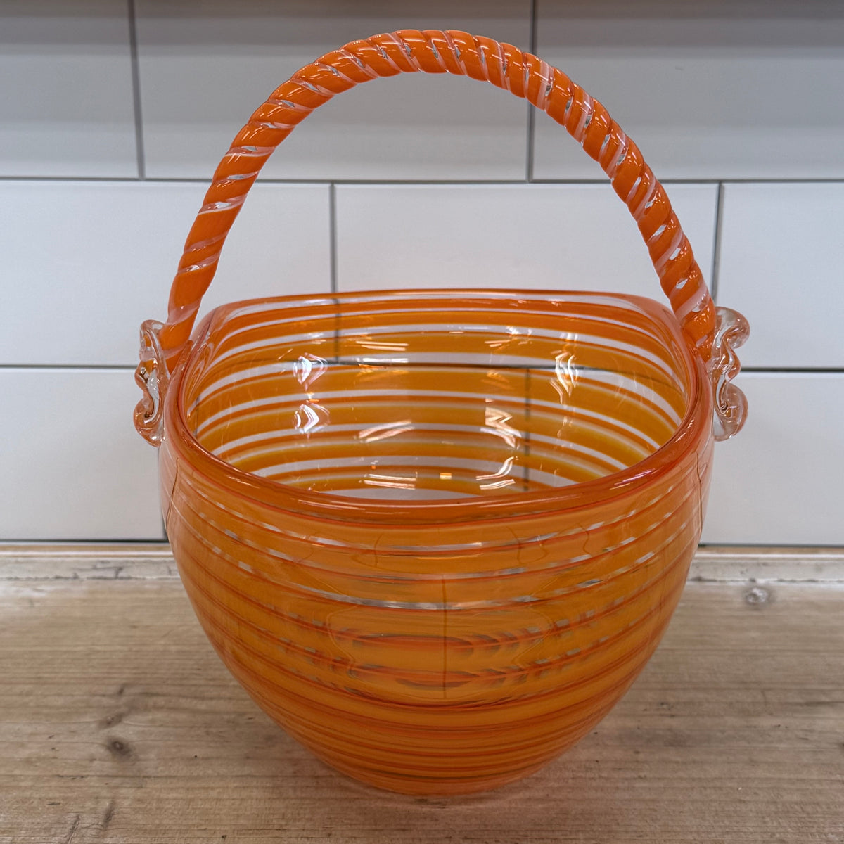 Orange Spiral Hand Blown Art Glass Basket with Handle