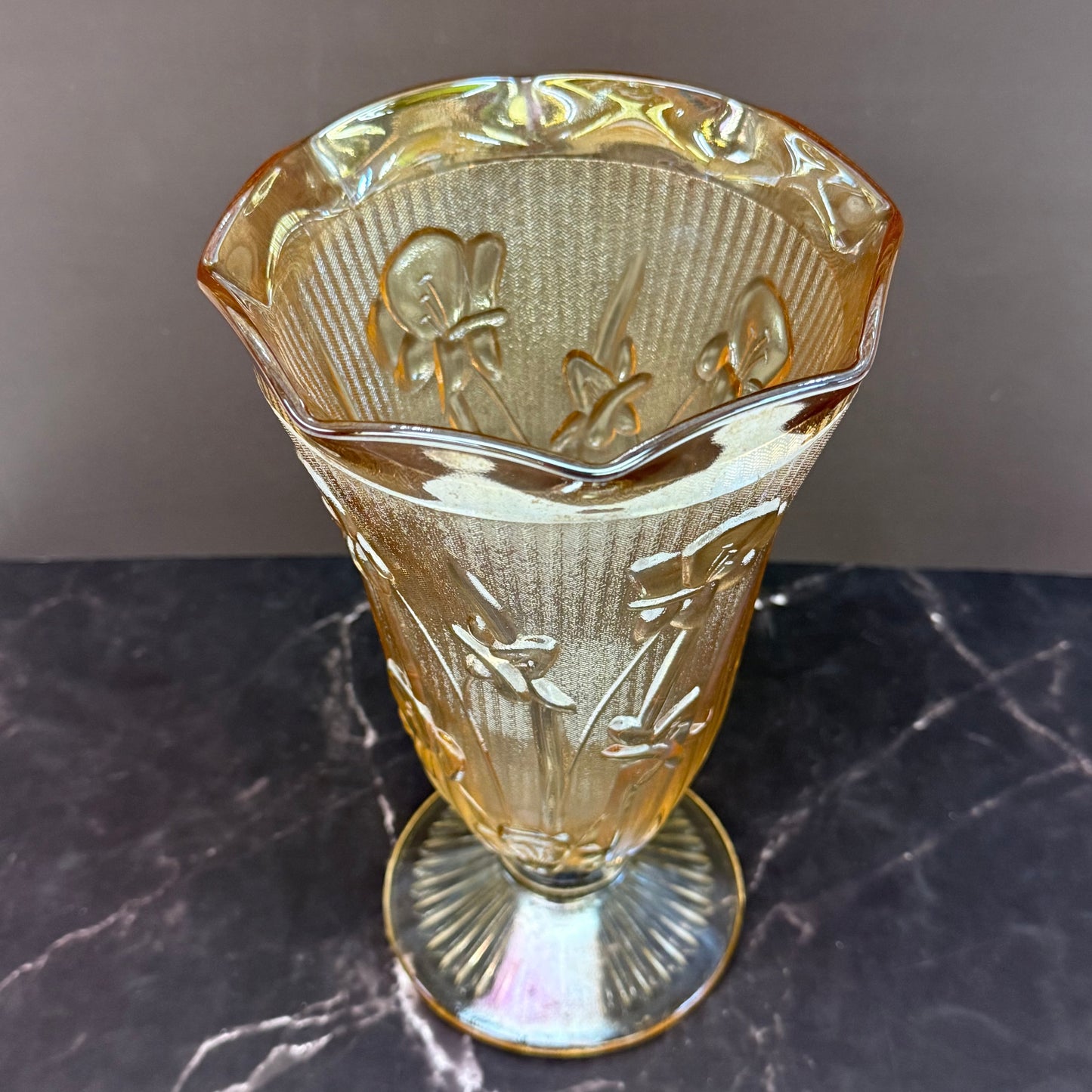 Jeannette Glass Embossed Iris and Herringbone Carnival Vase