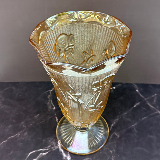 Jeannette Glass Embossed Iris and Herringbone Carnival Vase