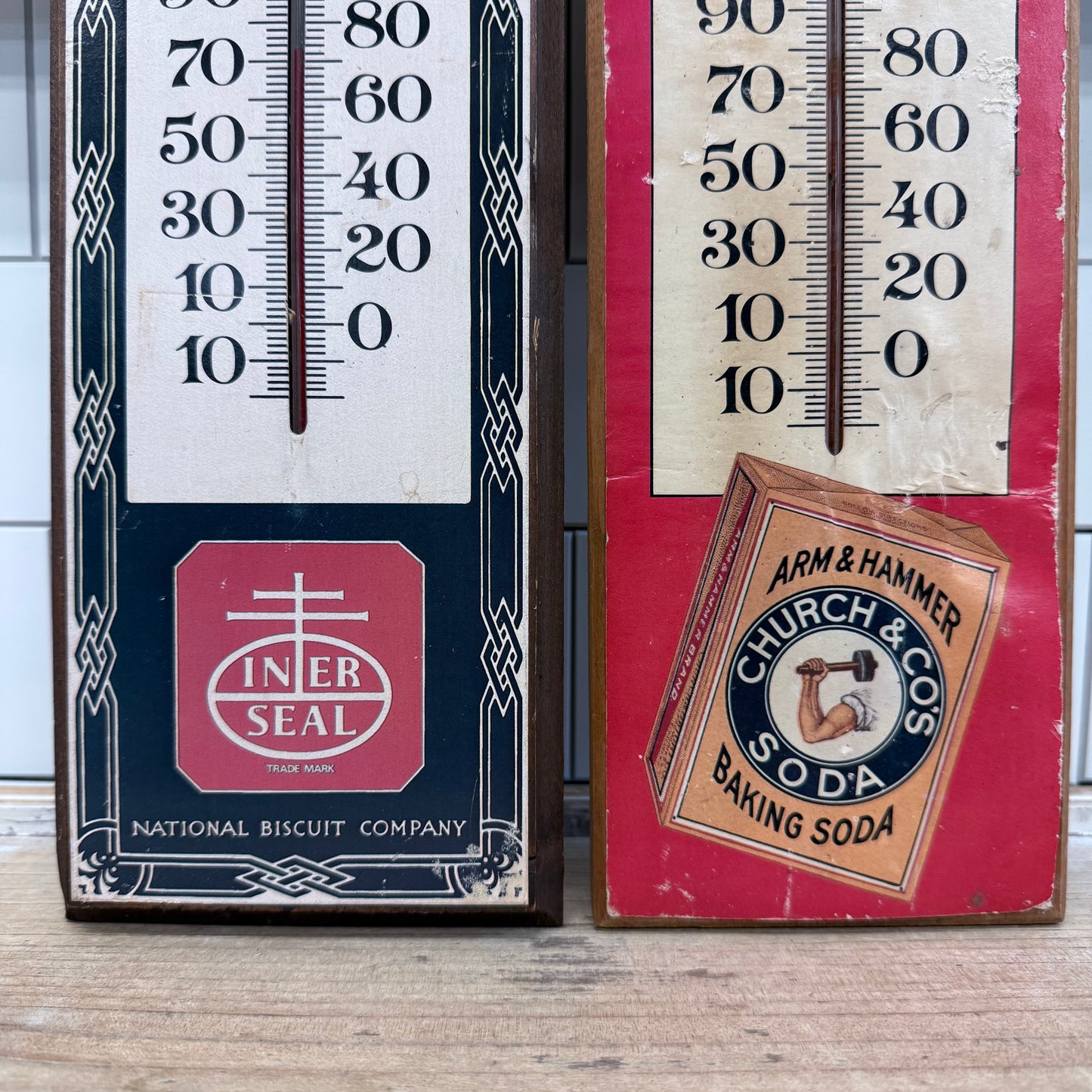Vintage Nabisco Arm & Hammer Wood Thermometers Set of 2