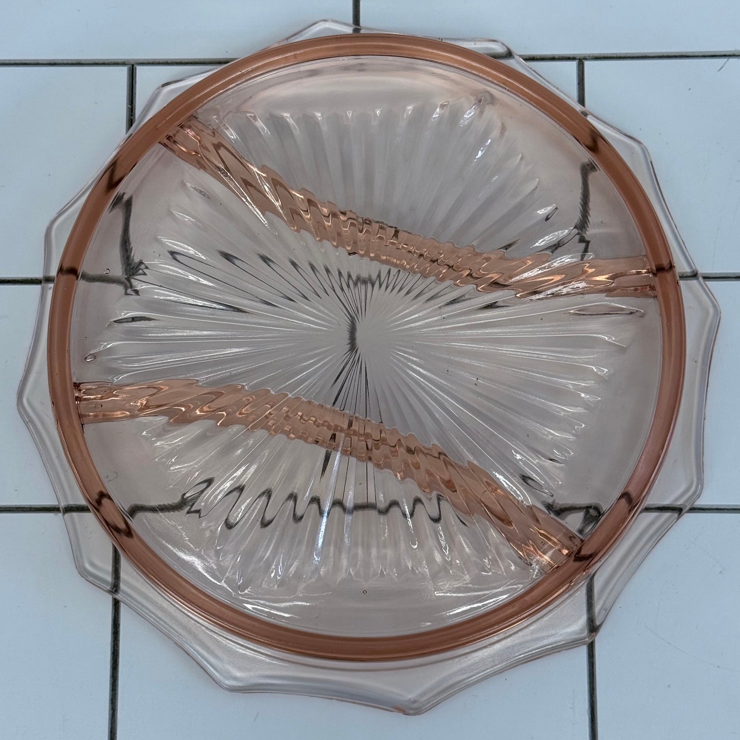 Pink Depression Glass Divided Relish Tray Carrier