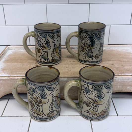 Folk Art Pottery Mugs Set of 4 Ceramic Tankards