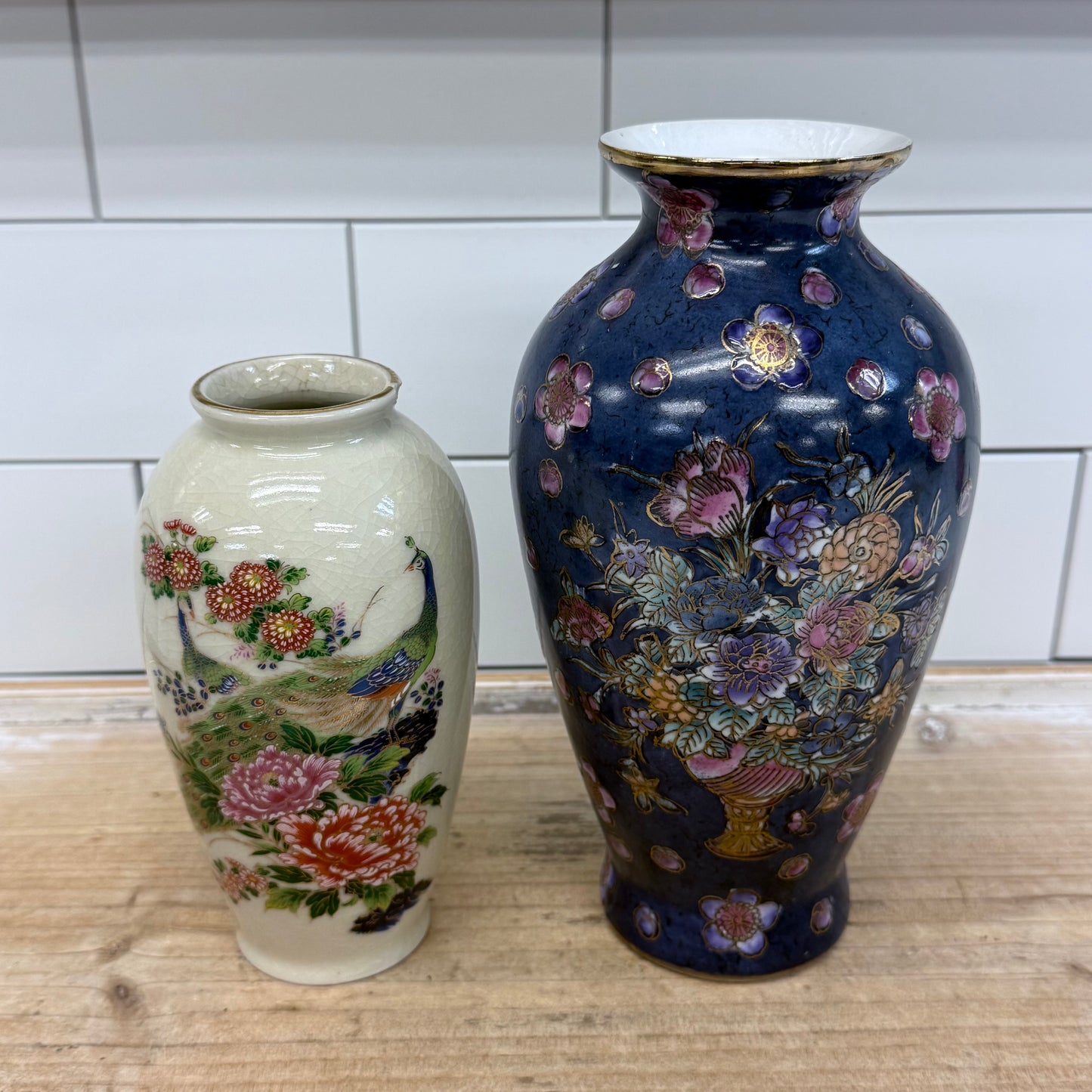 Porcelain Peacock & Floral Vases Set of 2
