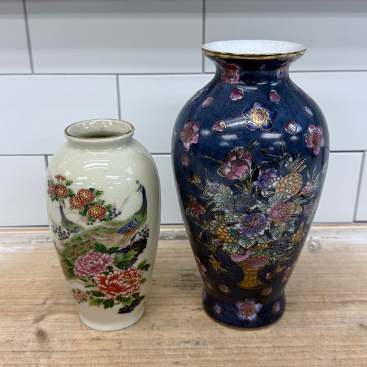 Porcelain Peacock & Floral Vases Set of 2
