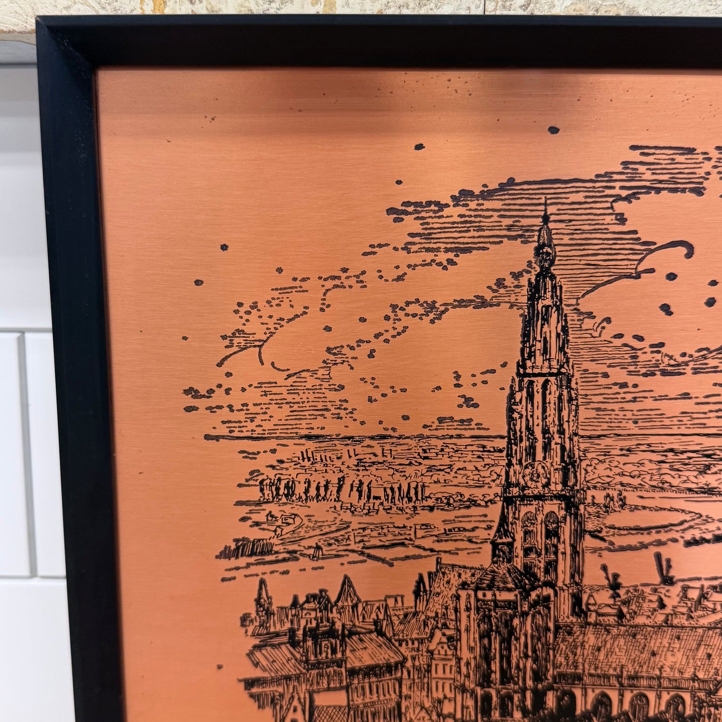 Antwerp Belgium Etched Copper Plaques Signed W. S. Creighton Set of 2