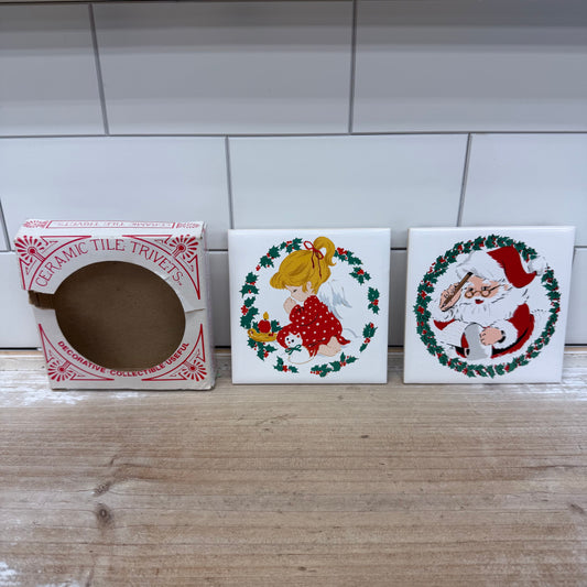 Jasco Christmas Ceramic Tile Trivets, Ceramic Set of 2 1981