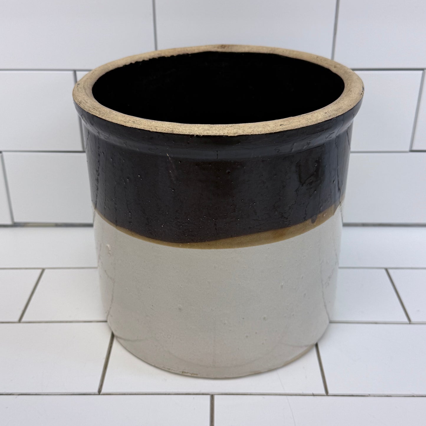 Vintage Two-Tone Glazed Stoneware Crock 1940s-1950s