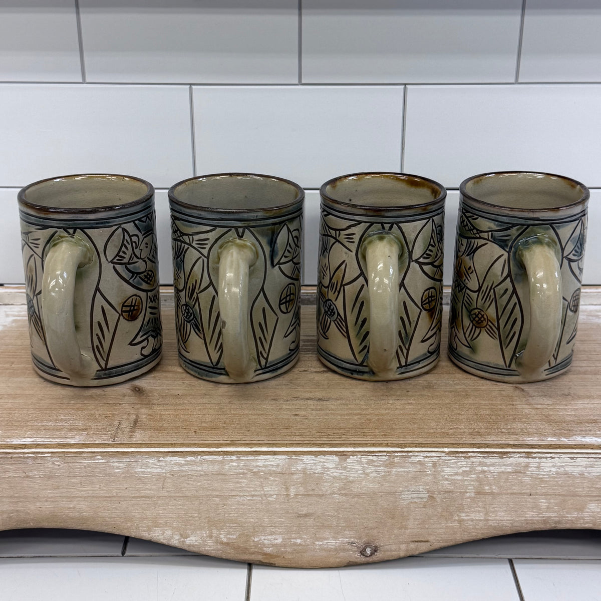 Folk Art Pottery Mugs Set of 4 Ceramic Tankards
