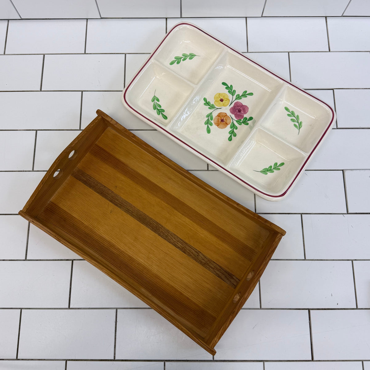 Hand Painted Floral Serving Dish with Wood Tray
