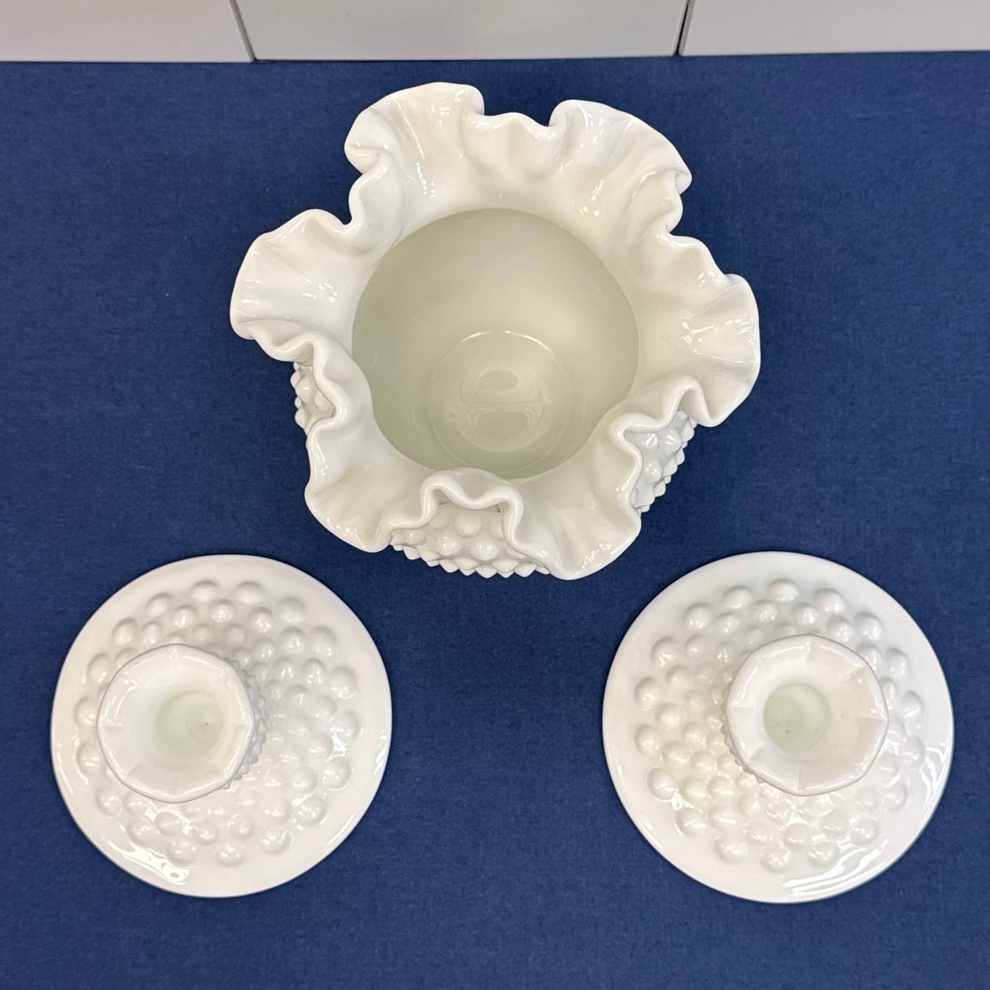 Fenton Hobnail Milk Glass Vase & Candlestick Set of 3 1950-70