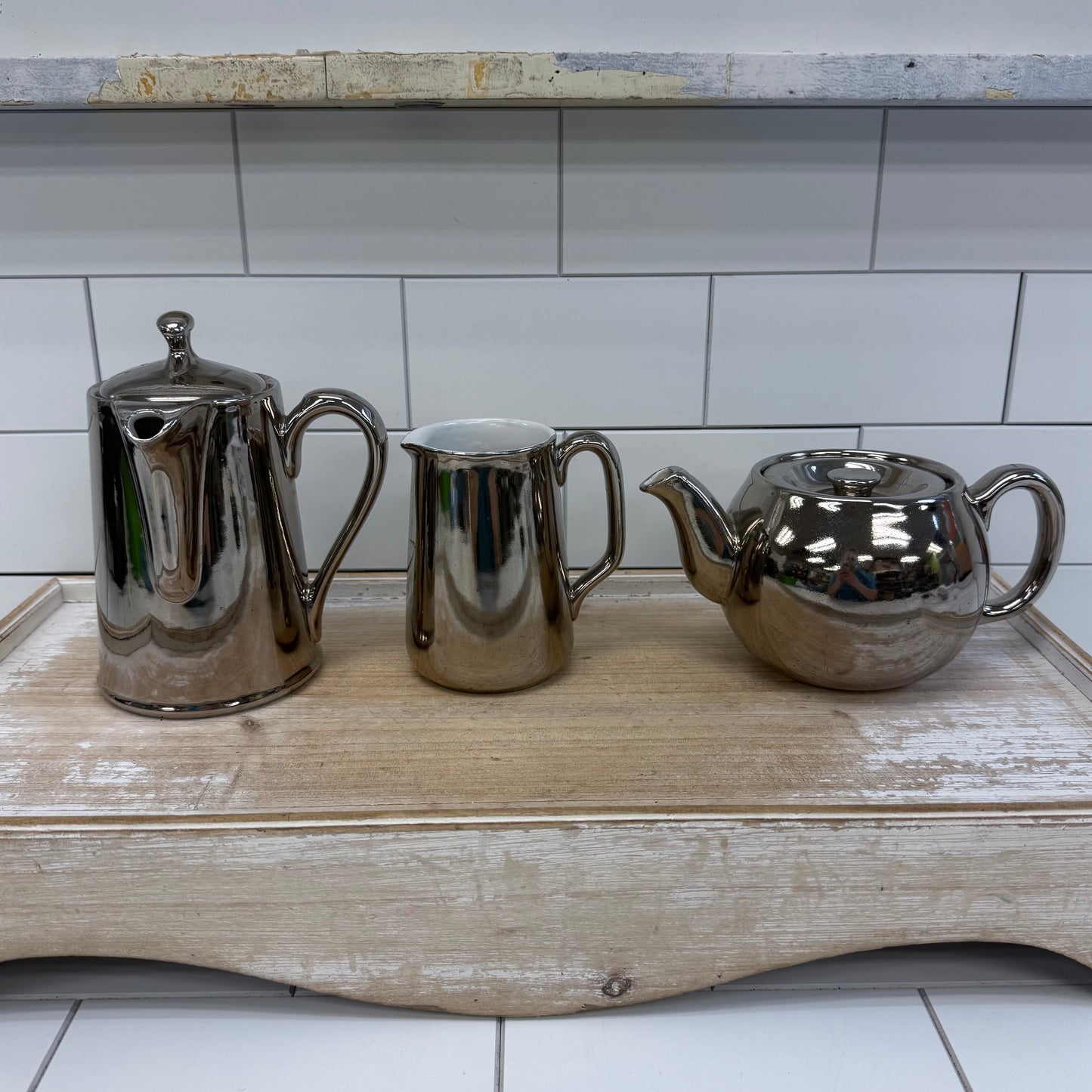 Royal Worcester Tea Set True Silver Lustre, Porcelain Set of 3