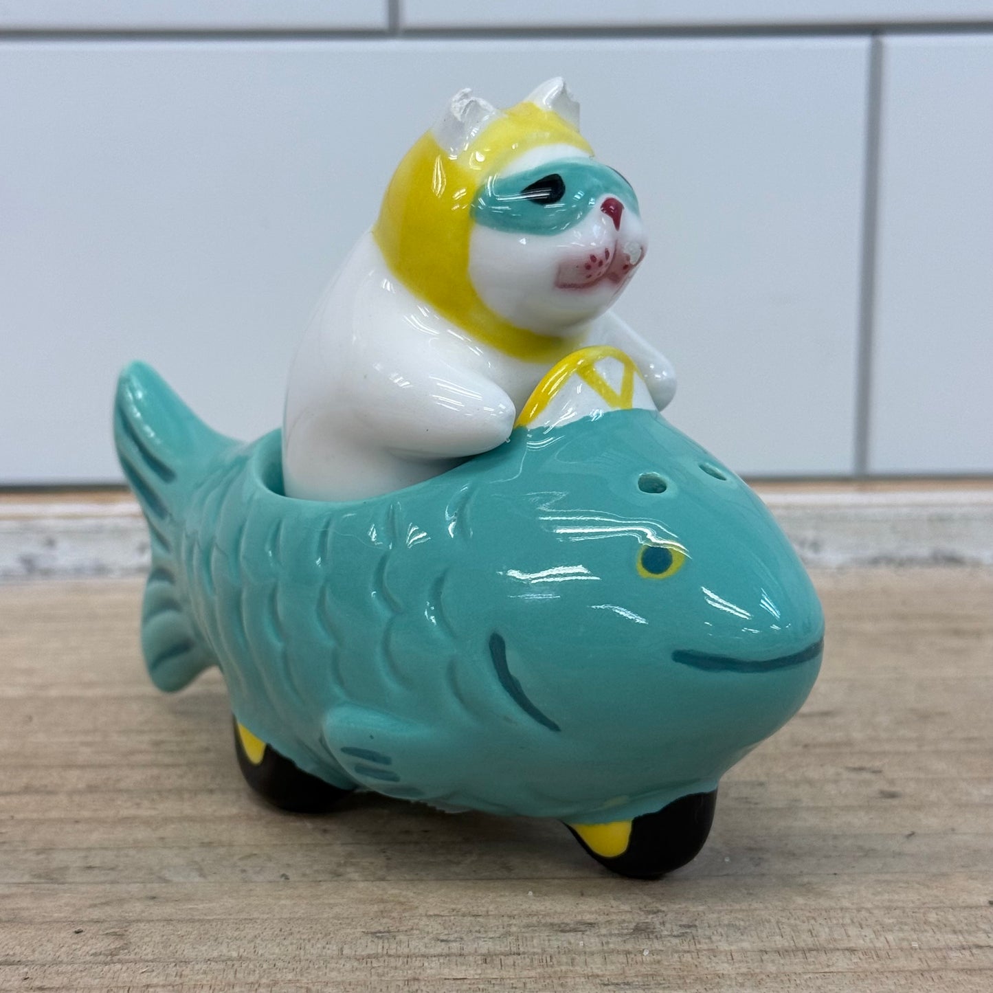 Clay Art Cat Driving Fish Car Salt & Pepper Shakers 1990s Ceramic