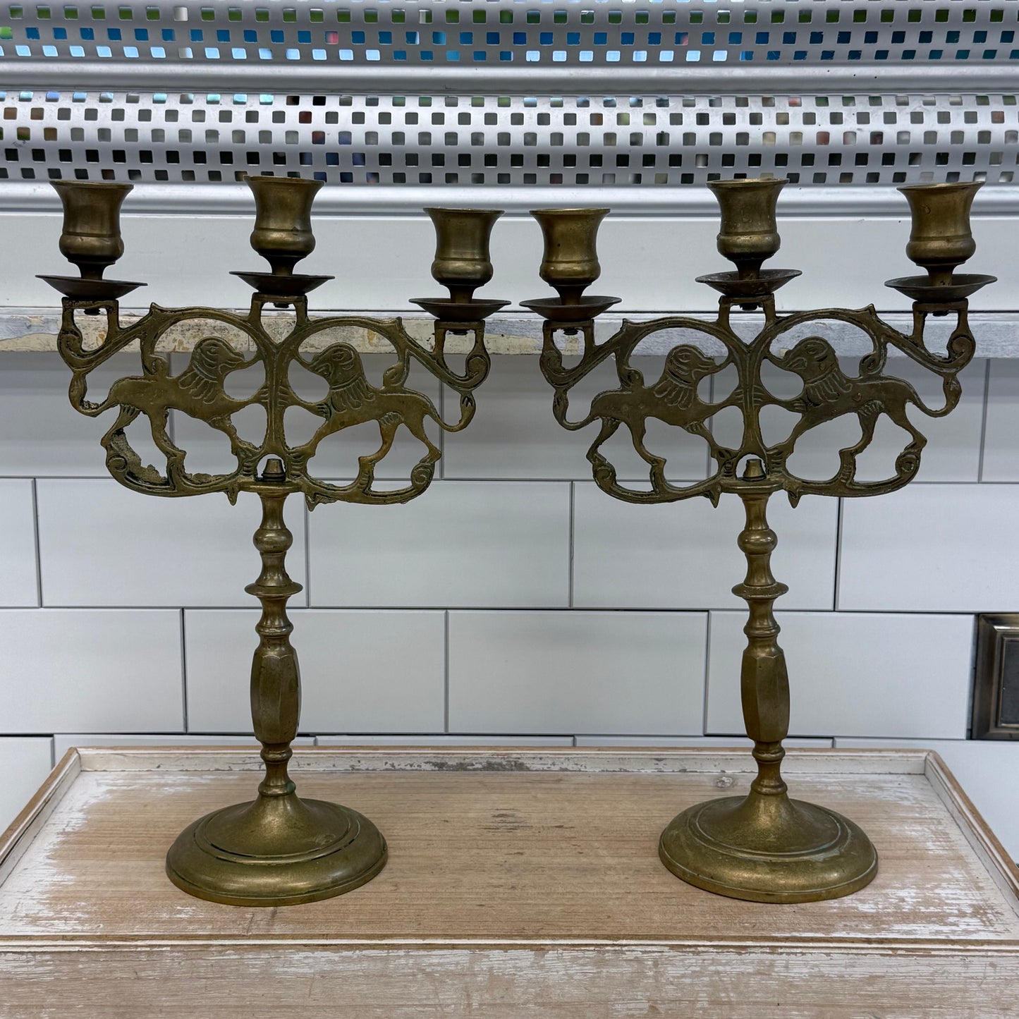 Lion of Judah candelabra Brass Three Light Set of 2