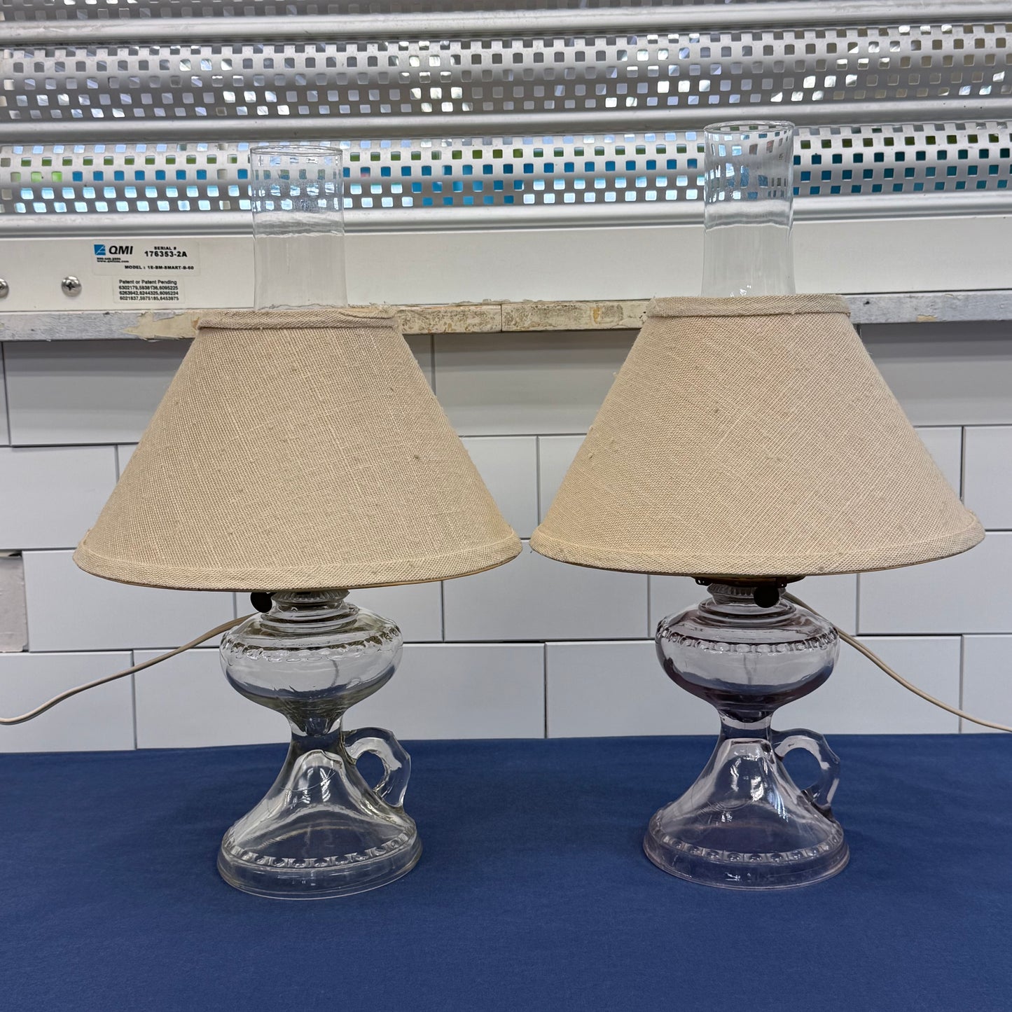Electrified Glass Oil Finger Lamps with Chimneys Shades Set of 2