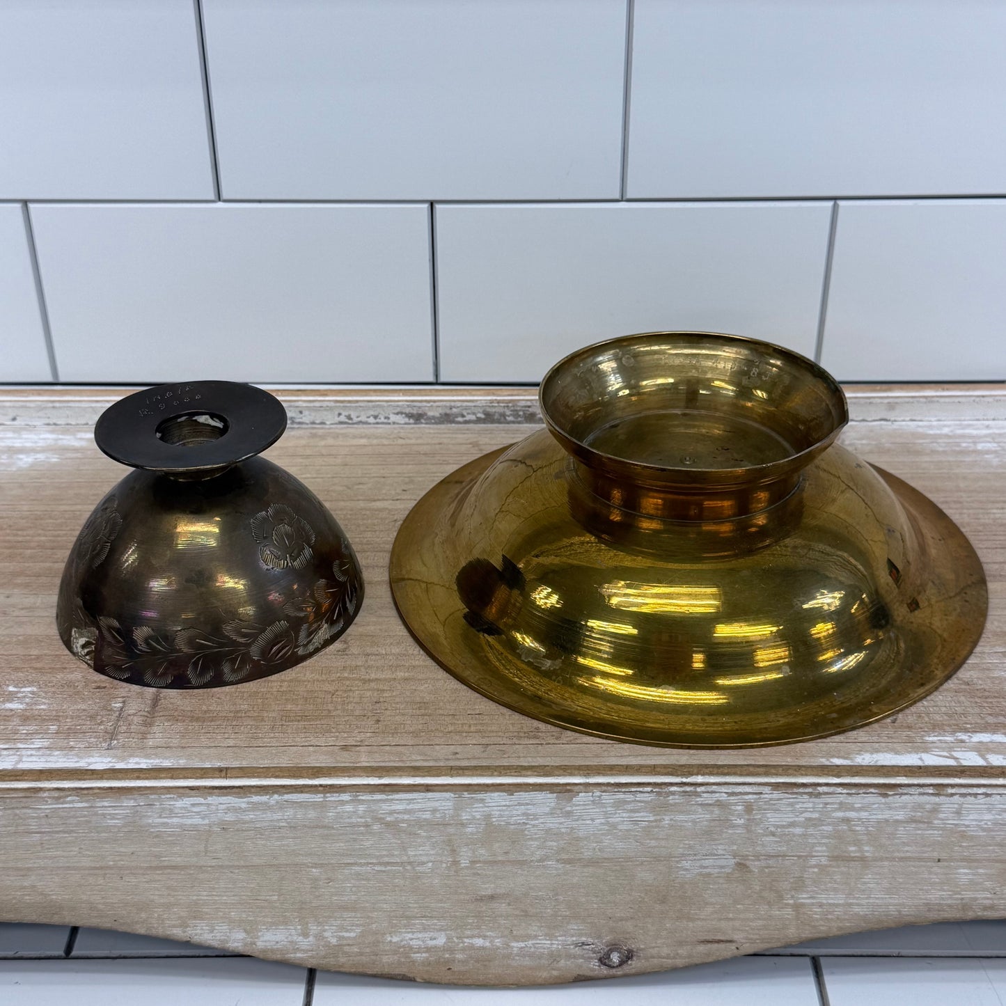 Etched Floral Brass Compotes Set of 2 Vintage Pedestal Bowls