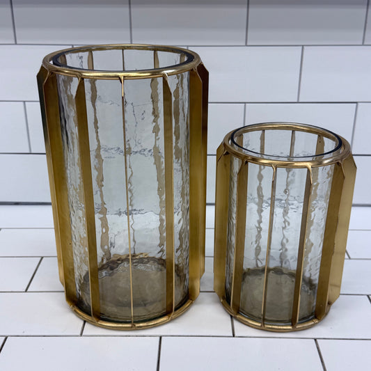 Hurricane Candle Holders with Smoked Glass Brass Finish Pair
