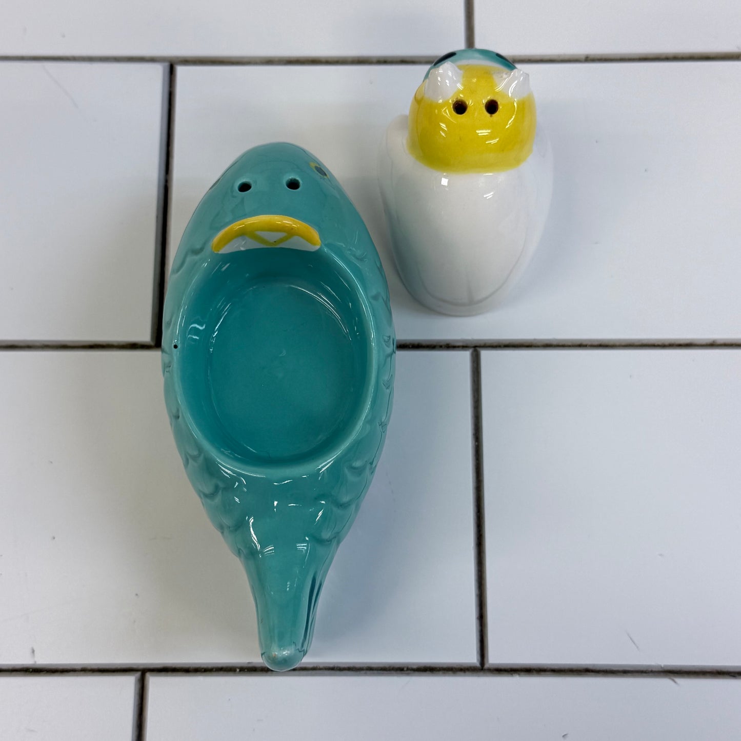 Clay Art Cat Driving Fish Car Salt & Pepper Shakers 1990s Ceramic