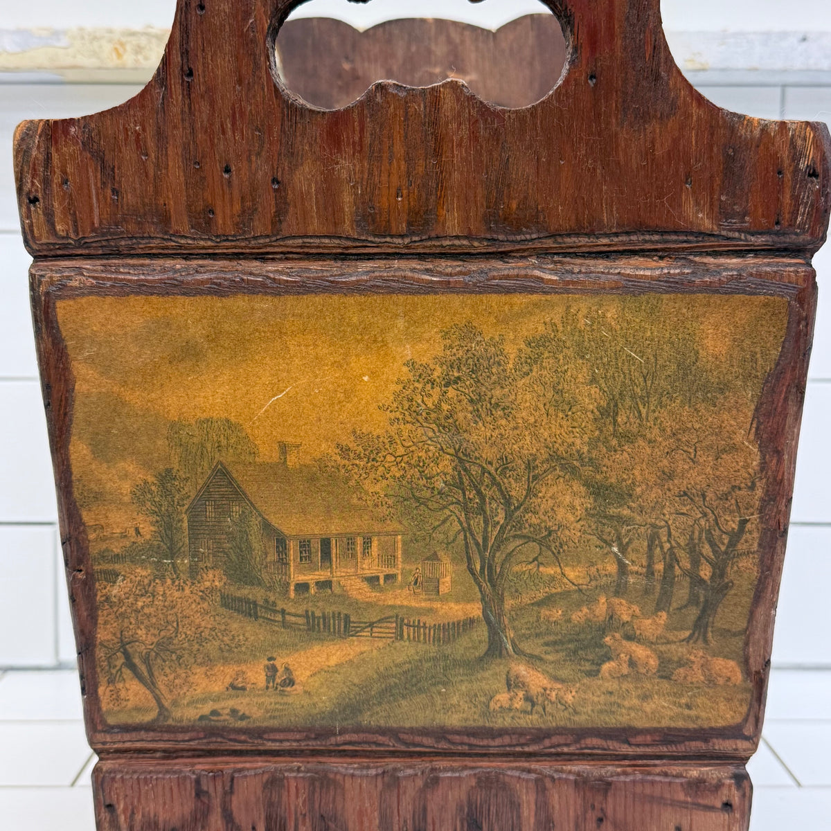 Colonial Americana Wood Wastebasket Scenic Panels