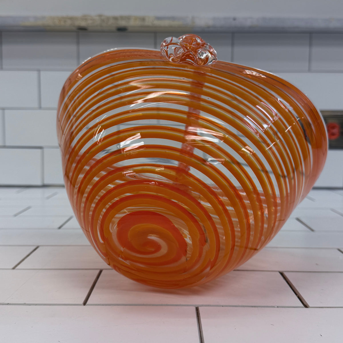 Orange Spiral Hand Blown Art Glass Basket with Handle