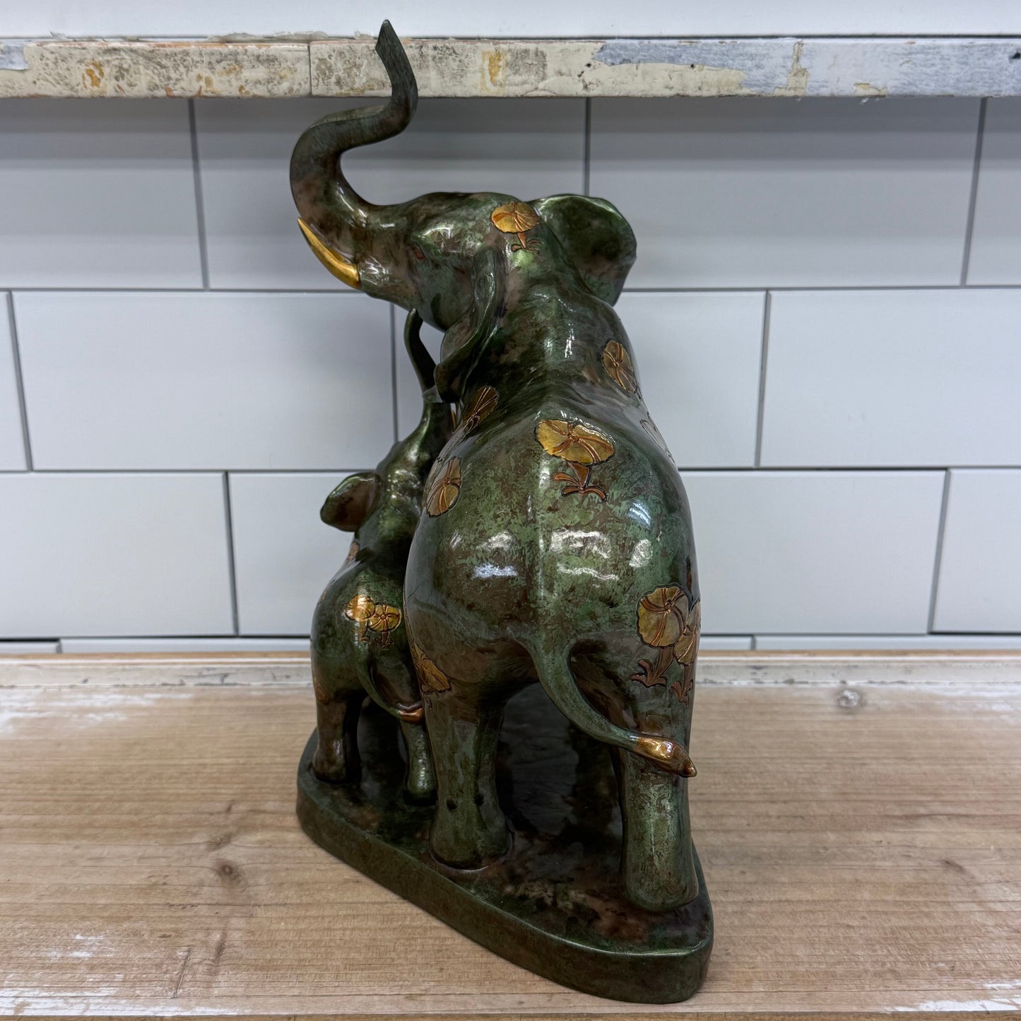 Mother Elephant Calf Figurine Faux Bronze Floral Statue