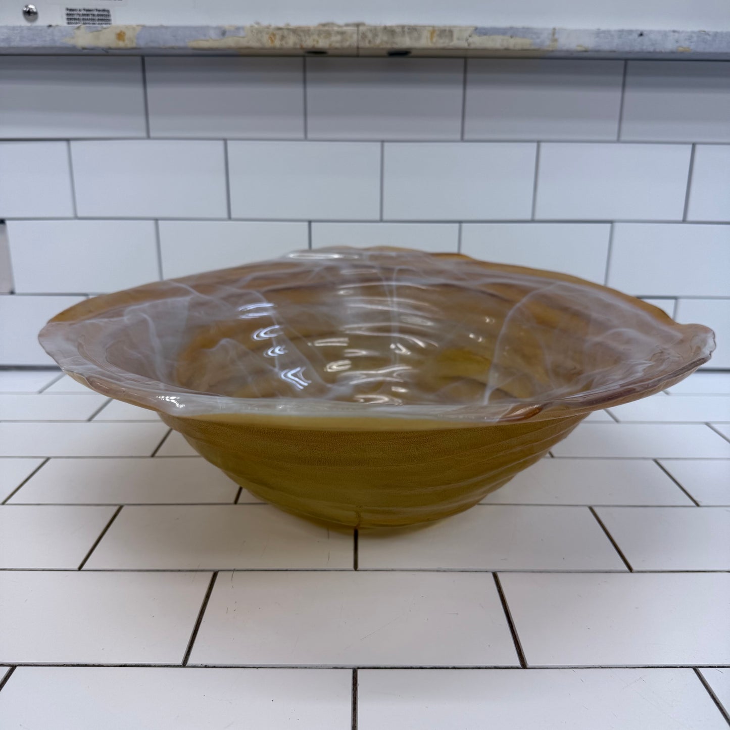 Hand Blown Studio Art Glass Centerpiece Bowl Amber Swirl
