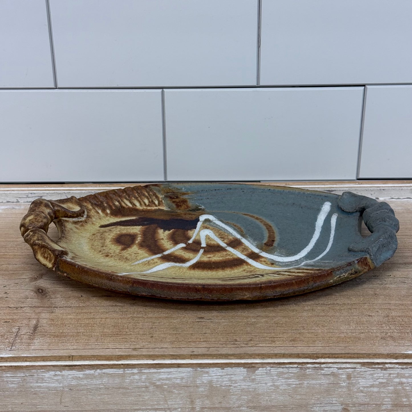 Signed Studio Art Pottery Abstract Handled Tray Stoneware