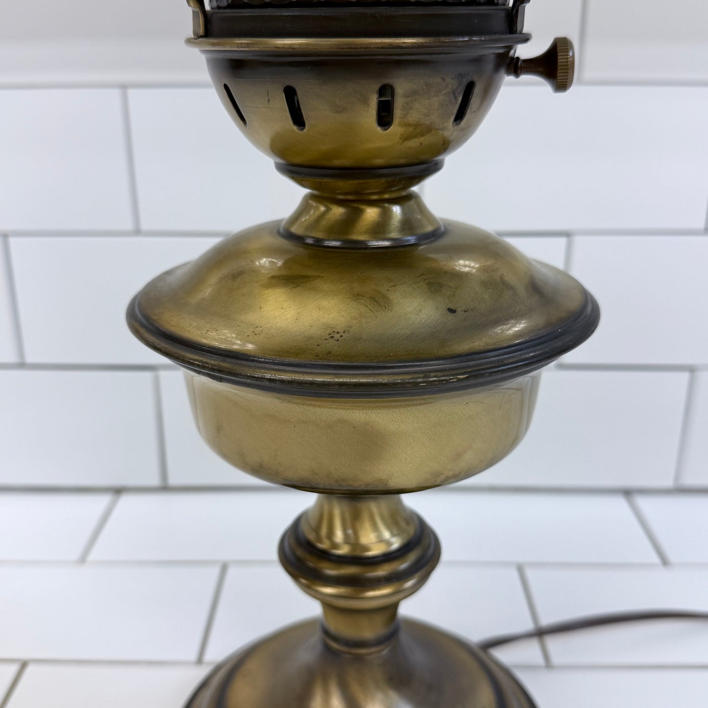 Vintage Brass Hurricane Table Lamp Milk Glass Shade Tested Works