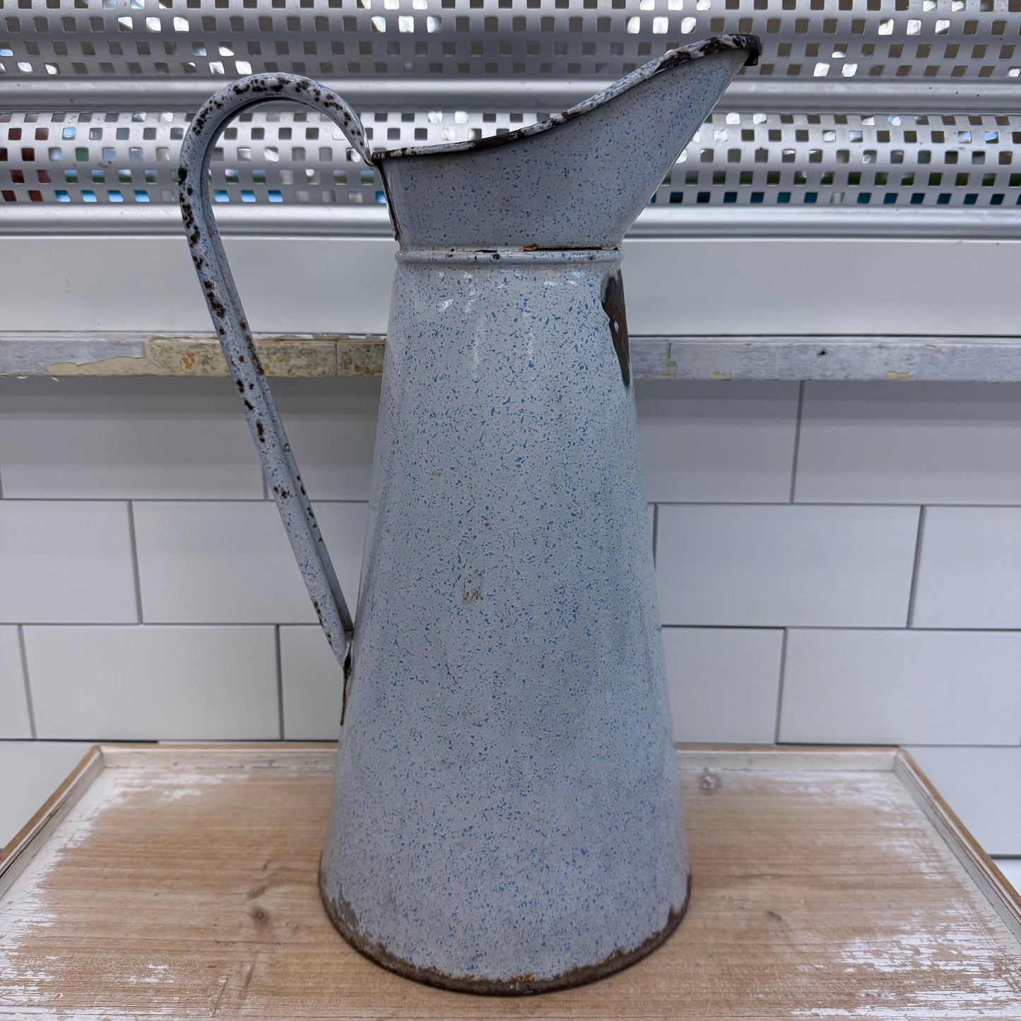 Vintage Blue Speckled Enamelware Pitcher Farmhouse Decor