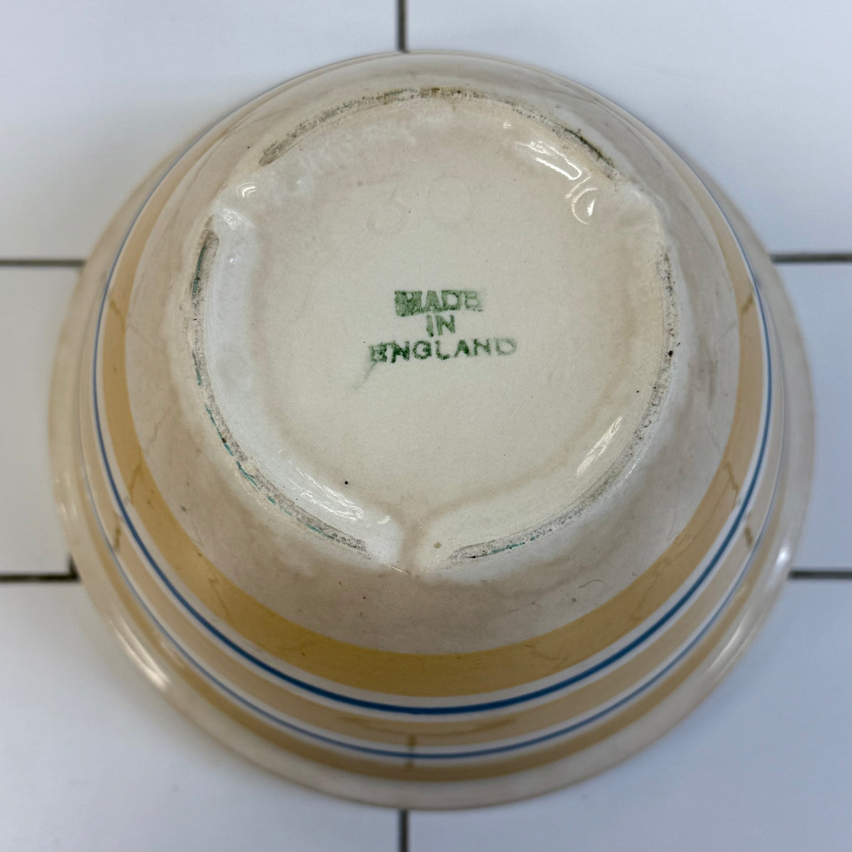 English Yellow & Blue Stripe Earthenware Mixing Bowl 1940s