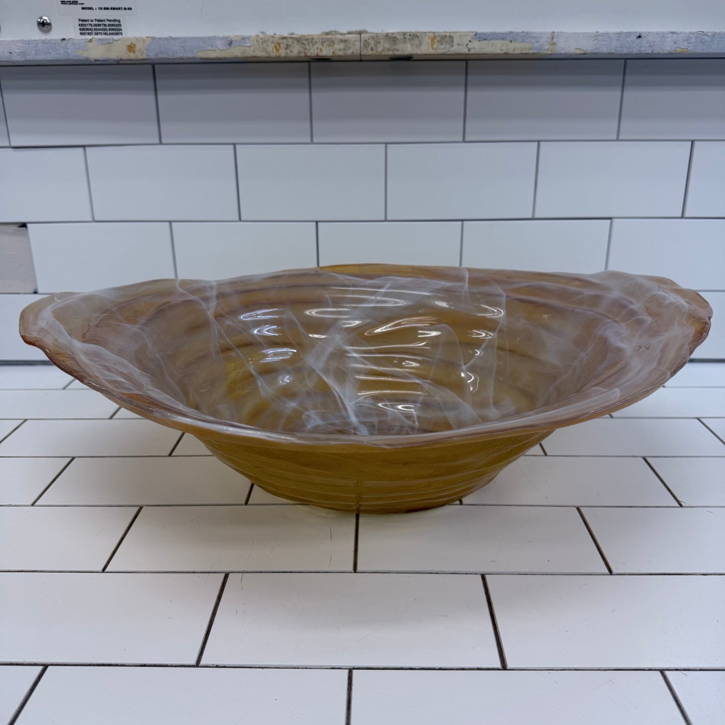 Hand Blown Studio Art Glass Centerpiece Bowl Amber Swirl