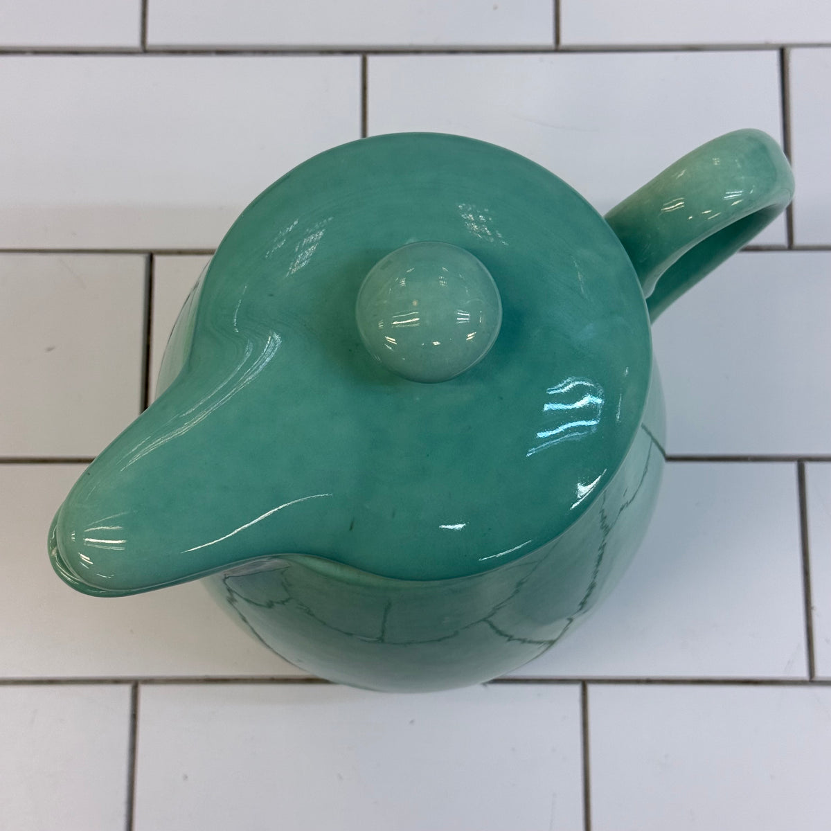 Russel Wright Style Seafoam Green Ceramic Covered Pitcher