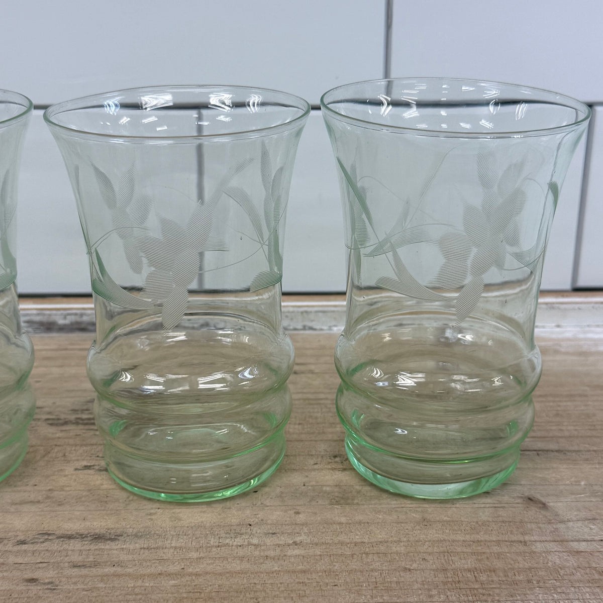 Pale Green Etched Leaf Glass Tumblers Set of 4