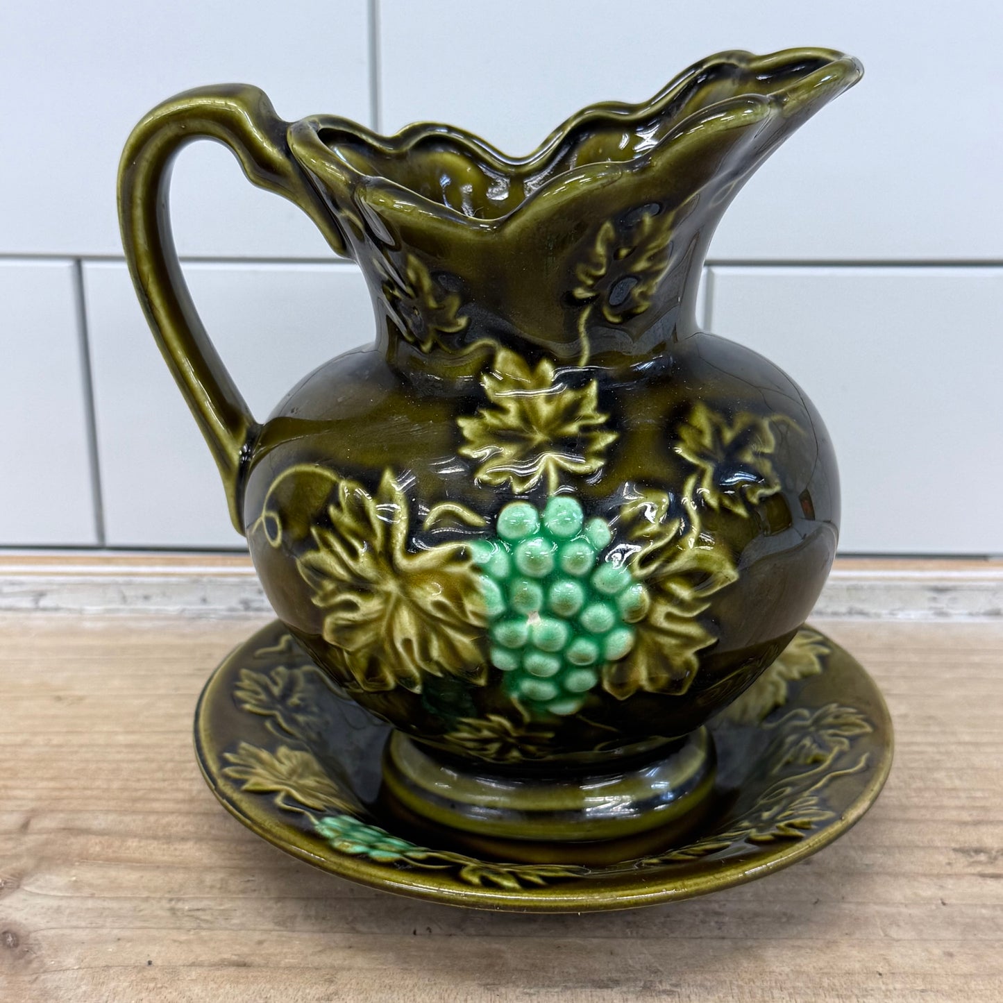 Majolica Style Grape Pitcher & Underplate Ceramic 1960s–1970s