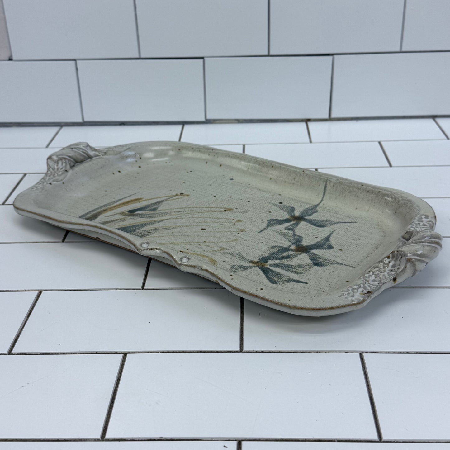 Studio Art Pottery Floral Serving Tray Signed Stoneware