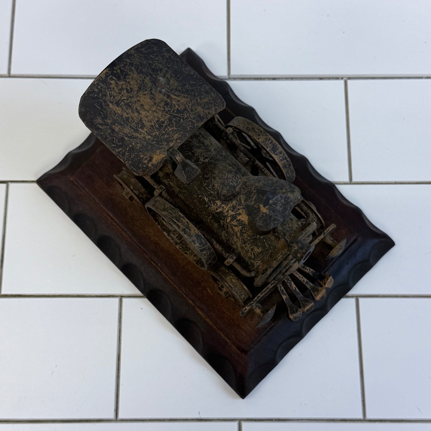 Steam Locomotive Metal Sculpture on Carved Wood Base