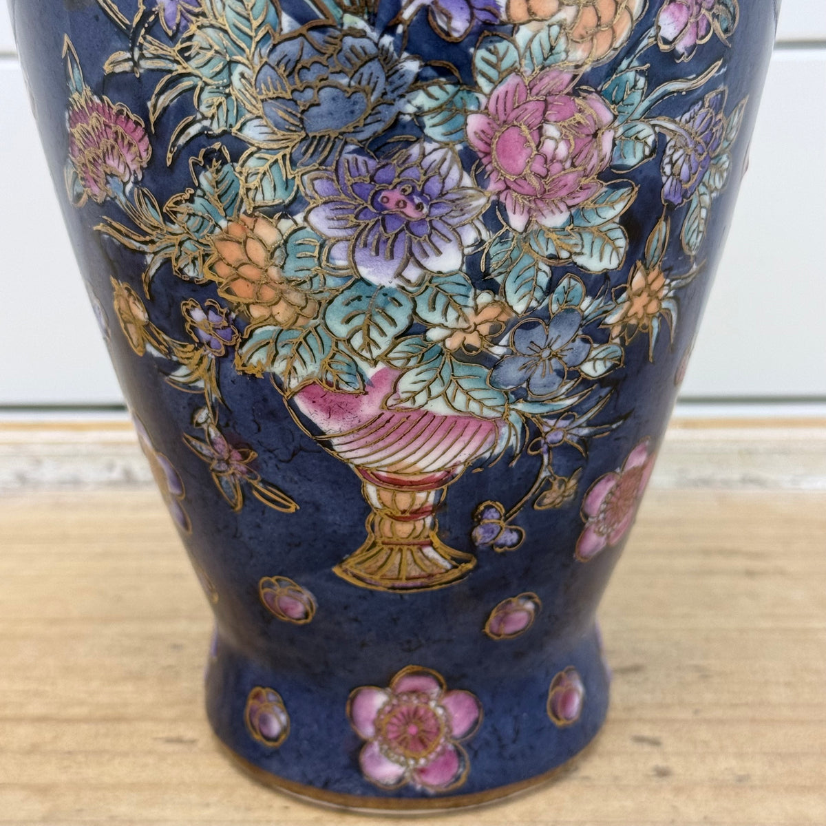 Cobalt Blue Floral Porcelain Vase Gold Trim Chinoiserie