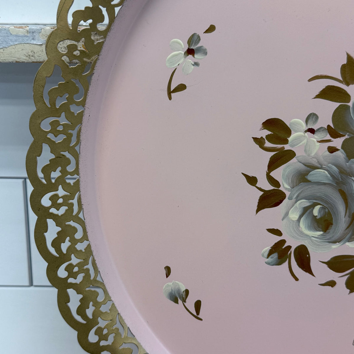 Vintage Hand Painted Pink Floral Tole Metal Tray 15”