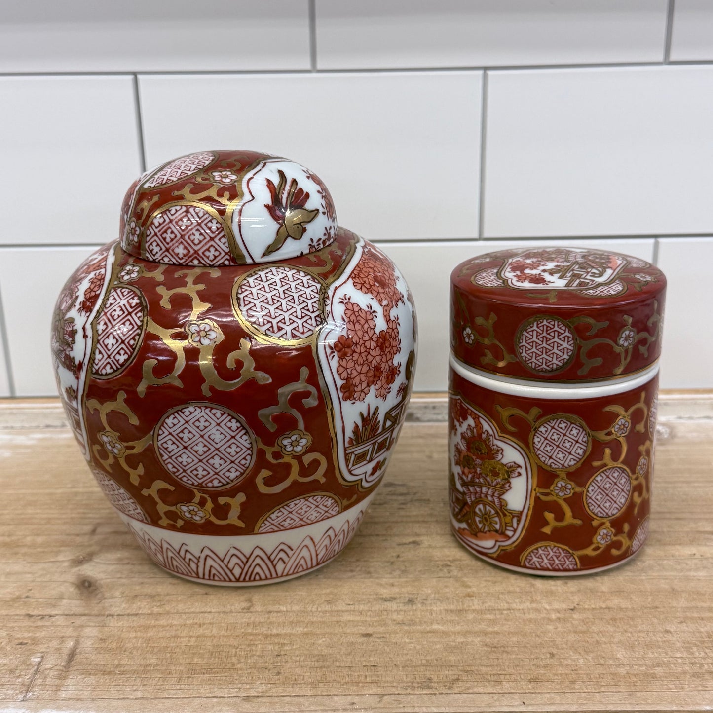 Gold Imari Hand Painted Porcelain Ginger & Tea Jars Set