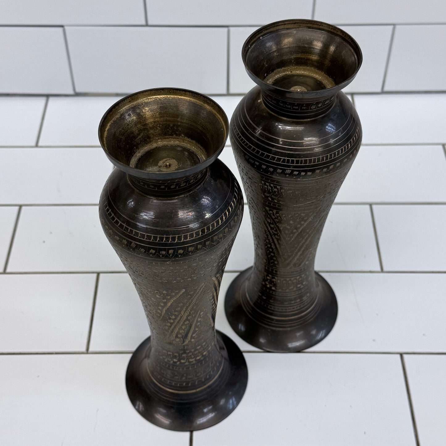 Etched Brass Pedestal Vases Set of 2 Geometric Decor Pair