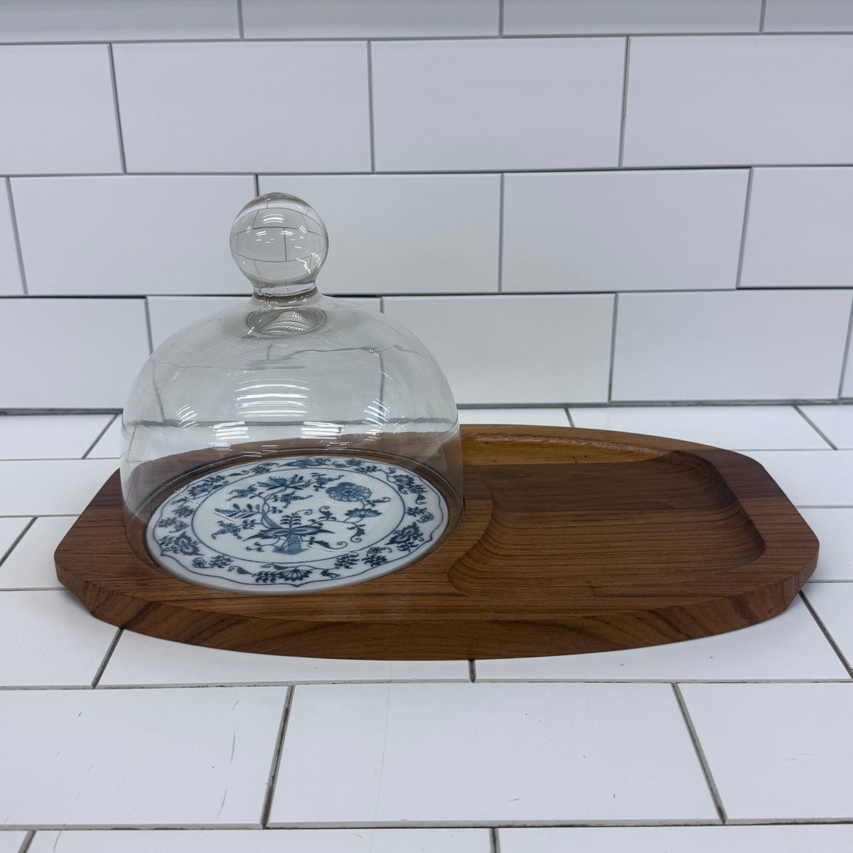 Dolphin Teak Cheese Board Glass Cloche Blue Danube